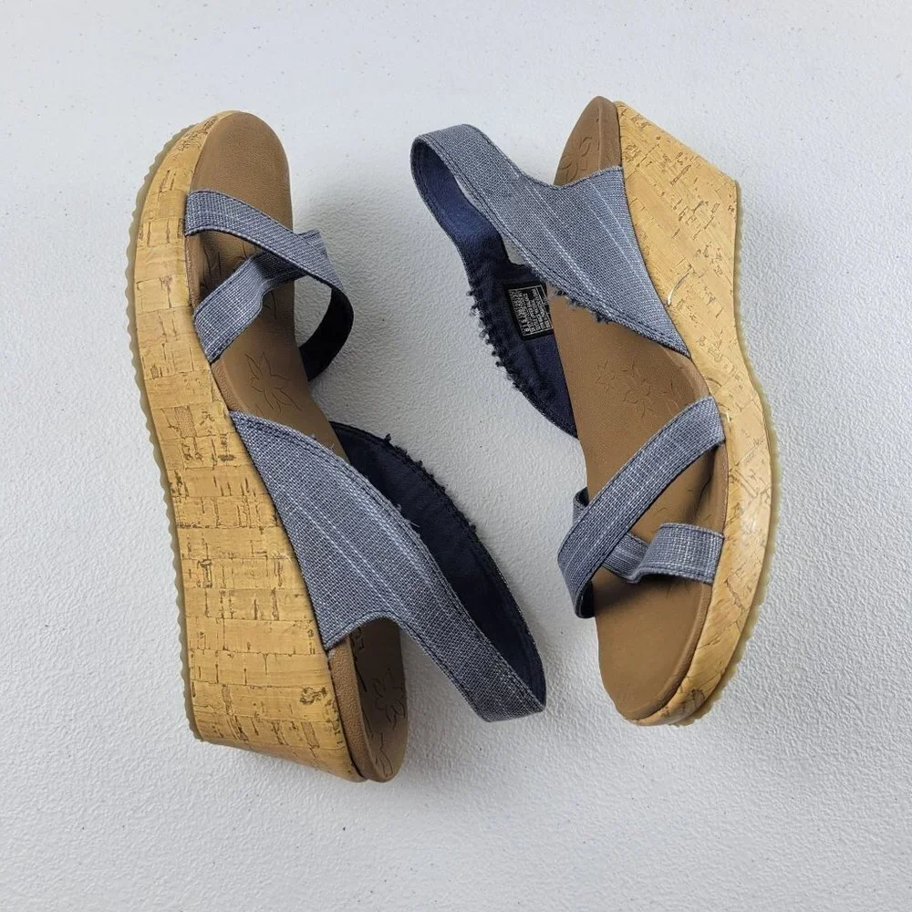 Skechers Luxe Cross Leigh Foam Cork Wedge Ankle Strap Open Toe Sandals 8 Blue